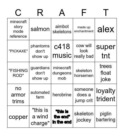 minecraft movie bingo Card