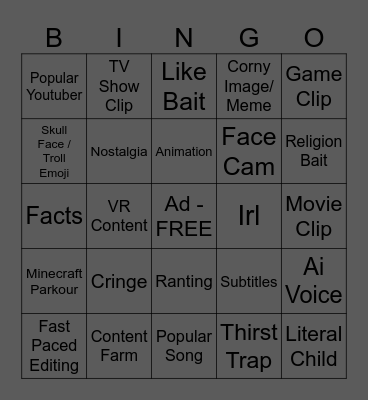 Shorts Blackout Bingo Card