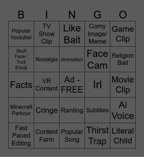 Shorts Blackout Bingo Card