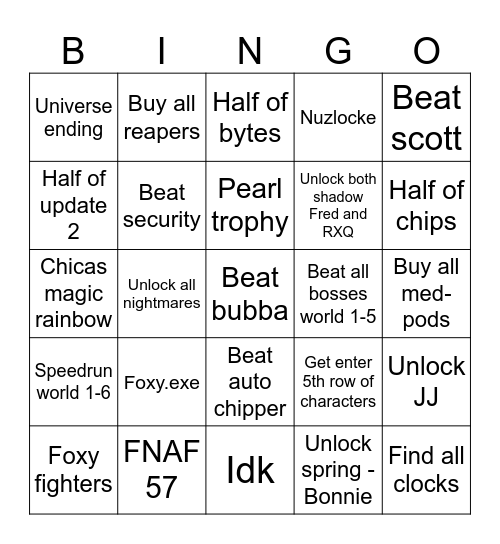 FNAF World Bingo Card