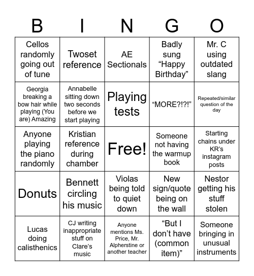 Orchestra bingo Card