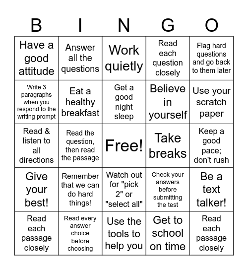 Test Taking Smarties Bingo Card