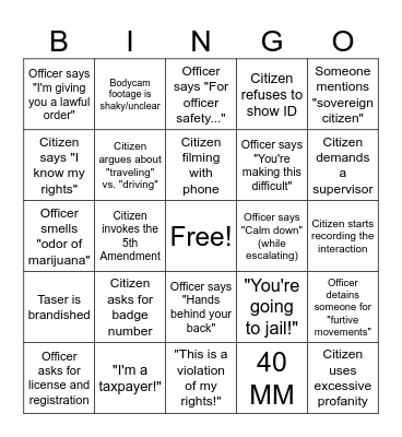YouTube Police Interaction Bingo Card
