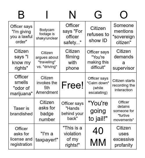 YouTube Police Interaction Bingo Card