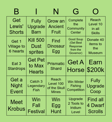 Stardew Valley, Year 1 Bingo Card
