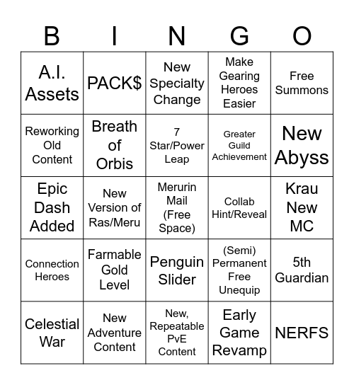 Epic Seven Origin Stream Bingo Card