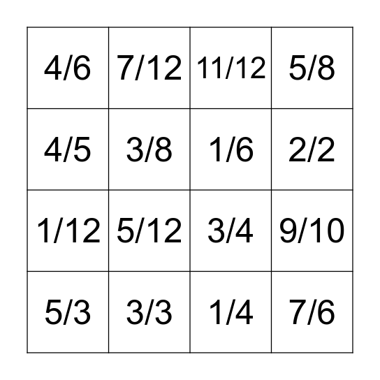 Fractions Bingo Card