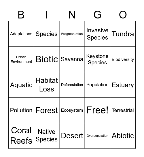 biomes Bingo Card