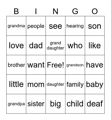 ASL Bingo Lesson 2 Bingo Card