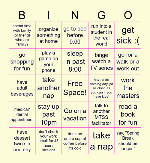 MTSS Spring Break Bingo Card