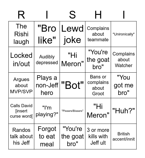 Rishi Bingo Card