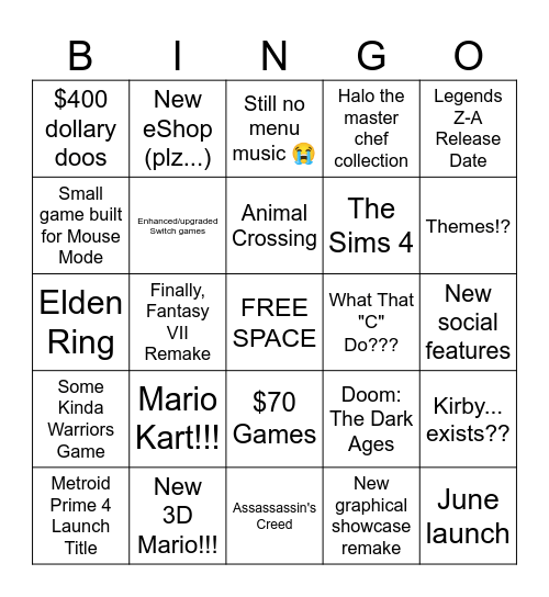 Nintendo Switch 2 Direct Bingo Card