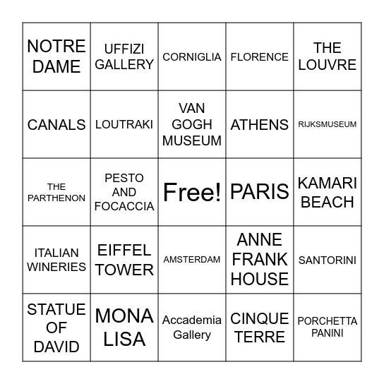 EUROPEAN HONEYMOON Bingo Card