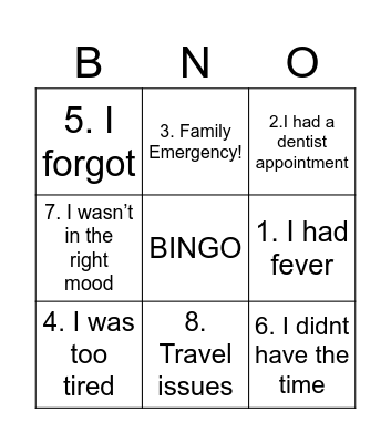 No excuses! please! Bingo Card