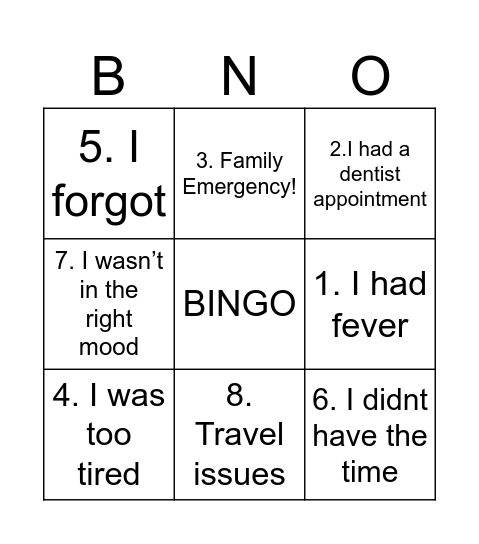 No excuses! please! Bingo Card
