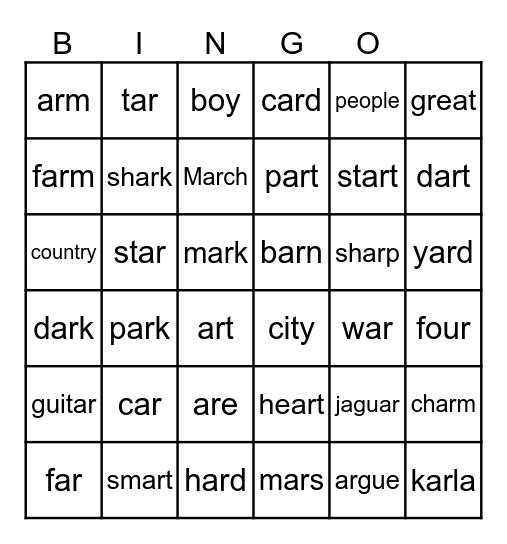 Word Bingo Card