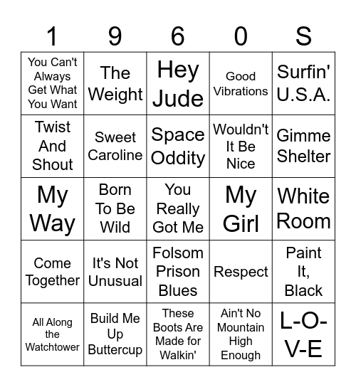 Song Hits from the '60s Bingo Card