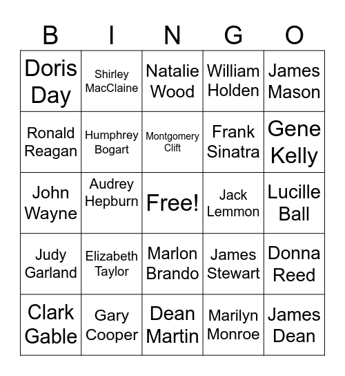 1950s Hollywood Bingo Card