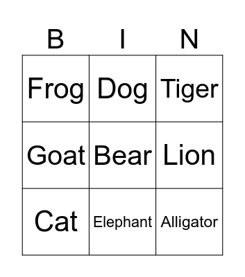Animals Bingo Card