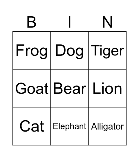 Animals Bingo Card