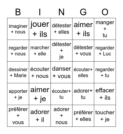 Les Verbes ER Bingo Card