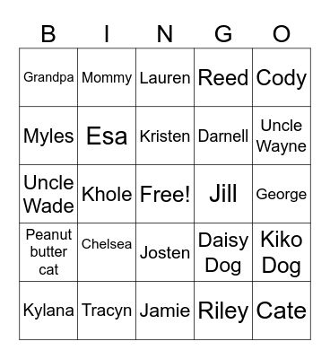 Family Freinds Honolulu Bingo Card