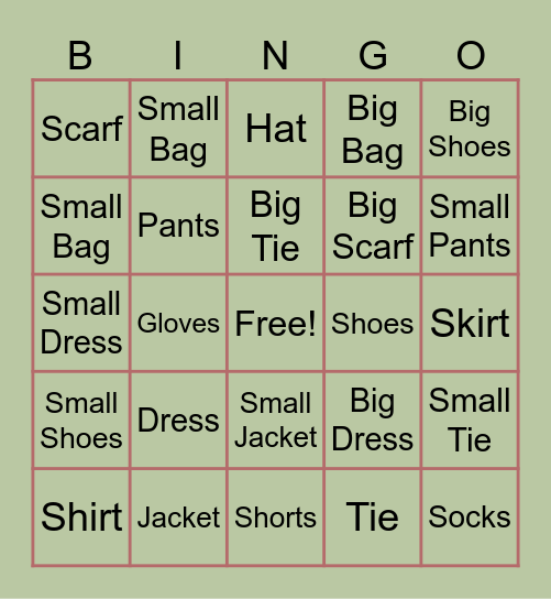 Fashion Bingo Card