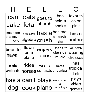 Getting to Know You Bingo Card