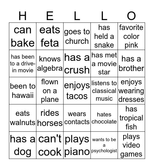 Getting to Know You Bingo Card