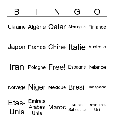 Pays Bingo Card