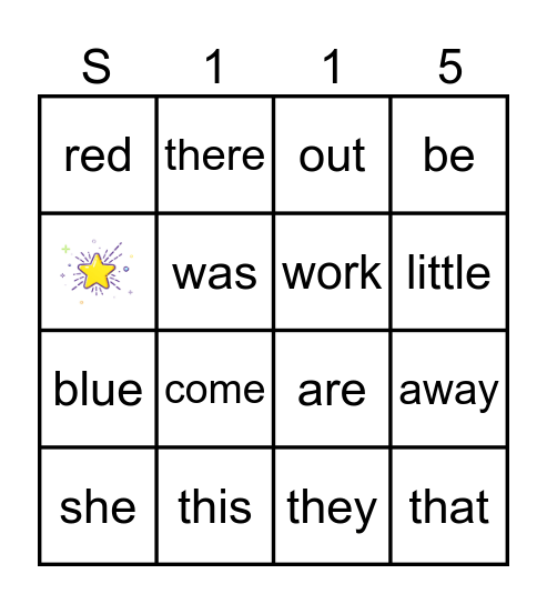 Sight Words Bingo Card