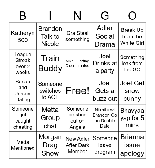 Adler Summer Bingo Card