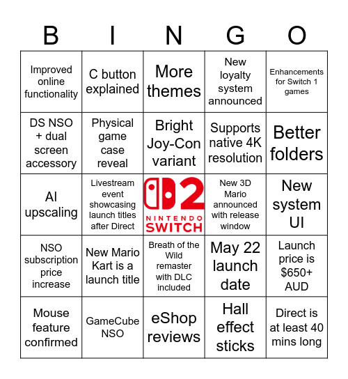 Nintendo Switch 2 Direct Bingo Card
