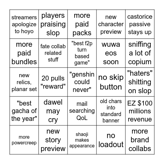 hsr livestream prediction Bingo Card