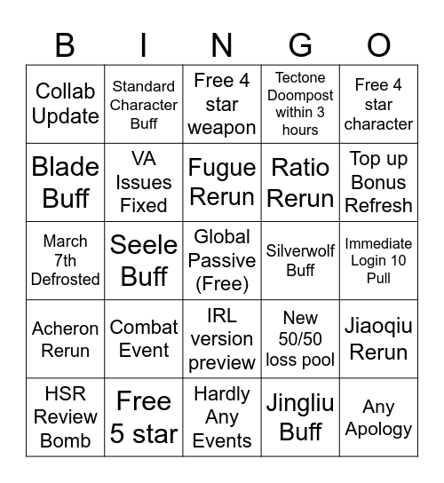 HSR 3.2 Livestream Bingo Card
