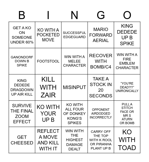 Smash bros Bingo Card