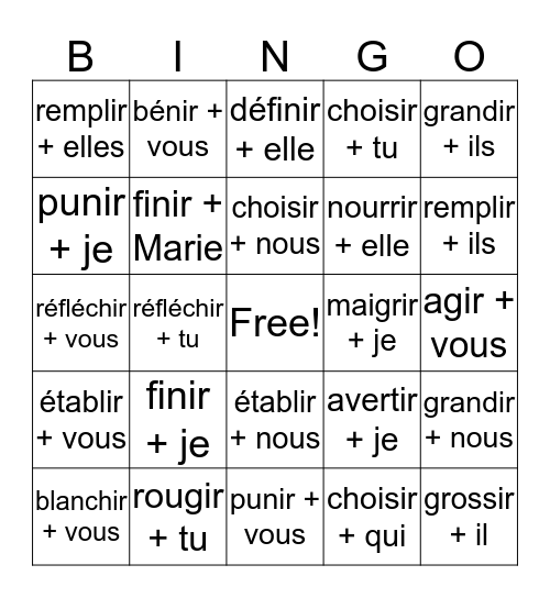 Verbes IR Bingo Card