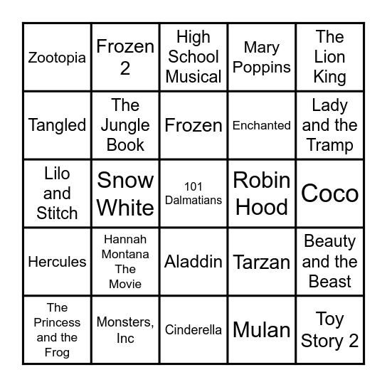 Disney Movie Lottery Ticket Bingo Card