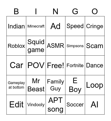 Youtube shorts Bingo Card