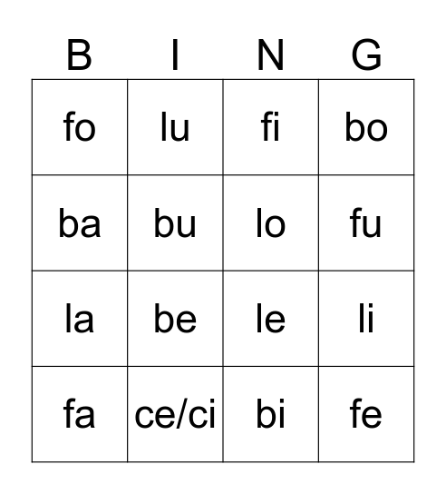 sílabas con b,f,l Bingo Card