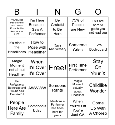 Beyond Performer Bingo Card