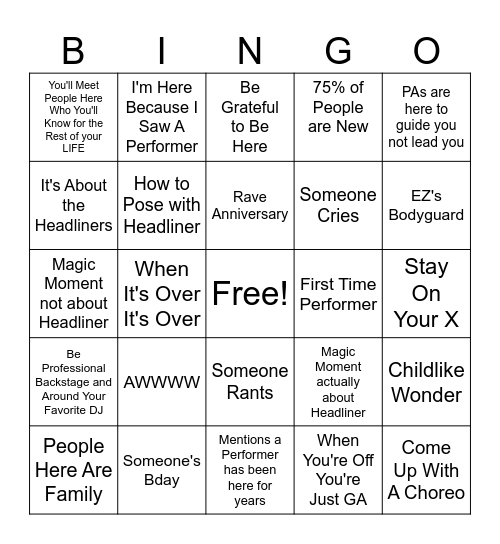 Beyond Performer Bingo Card
