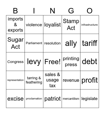 American Revolution Bingo Card