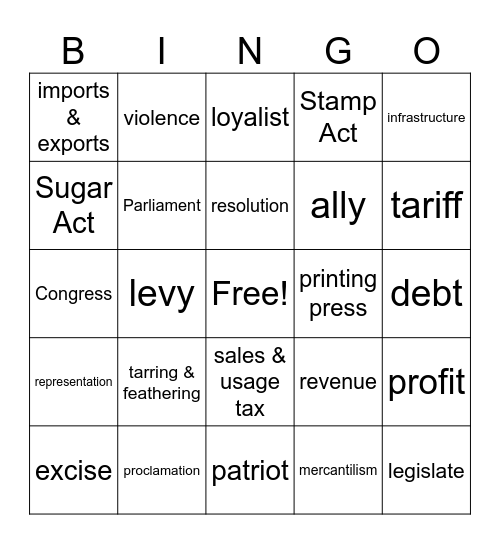 American Revolution Bingo Card