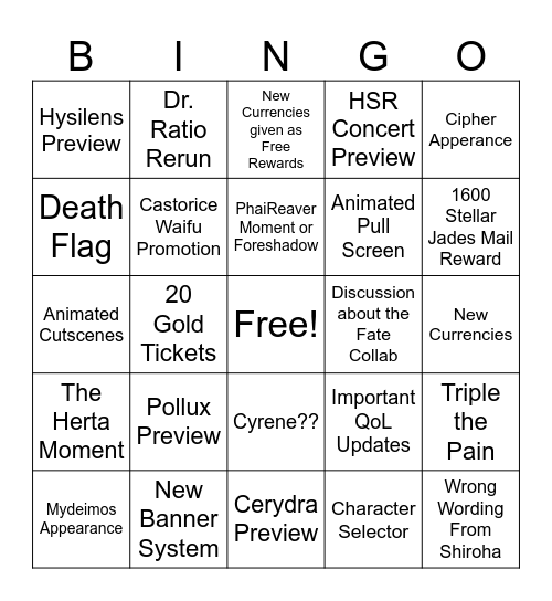 3.2 HSR LIVESTREAM Bingo Card
