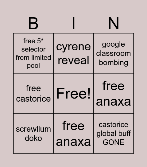 HSR anni cope list Bingo Card