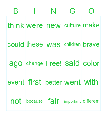 High frequency words Bingo Card
