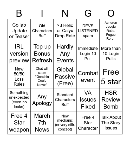 3.2 HSR Livestream (Inspired bingo) Bingo Card