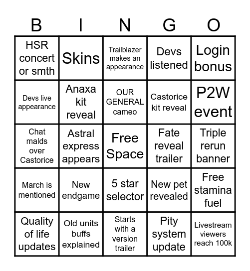 HSR 3.2 LIVESTREAM BINGO Card