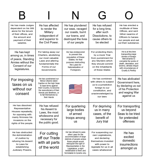 (Almost) 27 Grievances Bingo Card